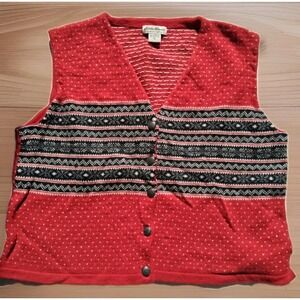 Vintage Eddie Bauer Sweater Vest Cardigan Womens XL Red Lambs Wool Fair Isle